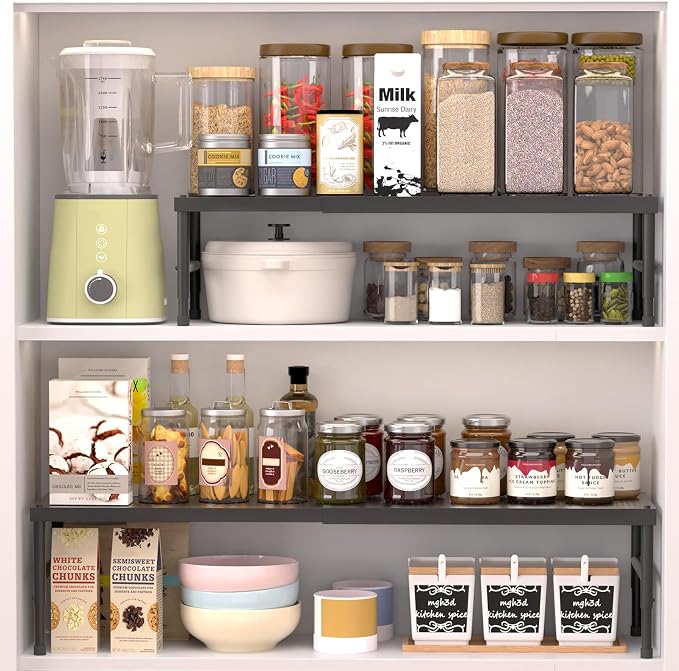 HI NINGER Expandable adjustable stackable kitchen organizer,Spice Racks,Counter Shelf for Cabinets,Small Cupboard Organizers,Heavy Duty Metal Pantry Storage Shelves Racks for kitchen,cabinet