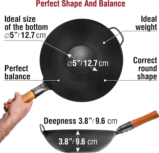 YOSUKATA Carbon Steel Wok Pan – 13,5 “ Stir Fry Pans PLUS 17" Wok Spatula and Ladle Skimmer Spoon - Stainless Steel Cooking Utensils Set