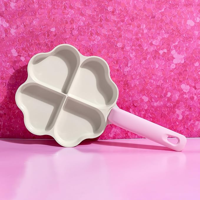 Paris Hilton Heart-Shaped Divided Fry Pan, Ceramic Nonstick Frying Pan with Individual Heart Sections, Dishwasher Safe, 8-Inch, Pink