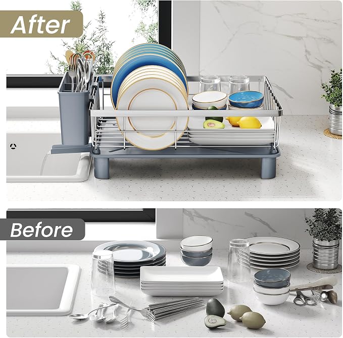 SNTD Dish Drying Rack for Small Kitchen Counter, 11" W x 15" L, Silver | Space Saving, Rotating Spout & Angled Drainboard for Quick Drainage, Stainless Steel, Removable Utensil Holder