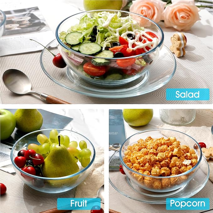 NUTRIUPS 7 Inch Medium Glass Bowls Set of 2, 37oz Glass Serving Bowl Set, Clear Tempered Glass Salad Bowls for Kitchen Microwave and Oven Safe (7 inch, Set of 2)