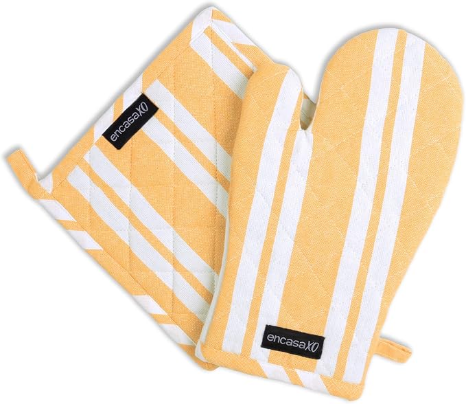 Encasa XO Oven Mitts and Pot Holders Set, Heat Resistant Cotton | Franca Yellow Stripes, Diamond Quilted | Non-Slip Grip | Microwave & Oven Safe | Hanging Loop | Machine Washable | Set of 2