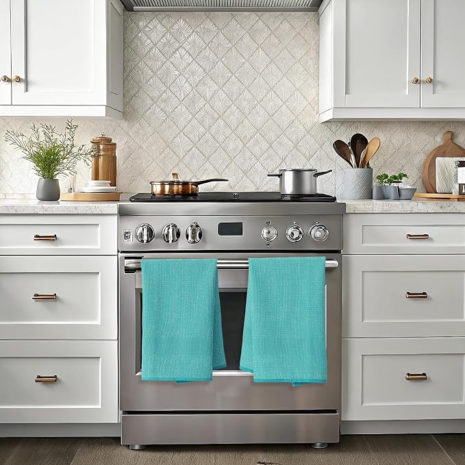 Mordimy Premium Large Cotton Kitchen Towels (18"x 28", 6 Pack), Teal | 100% Ring Spun Cotton, Super Absorbent, 380 GSM, Flat & Terry, Soft, Hanging Loop Dish Towels