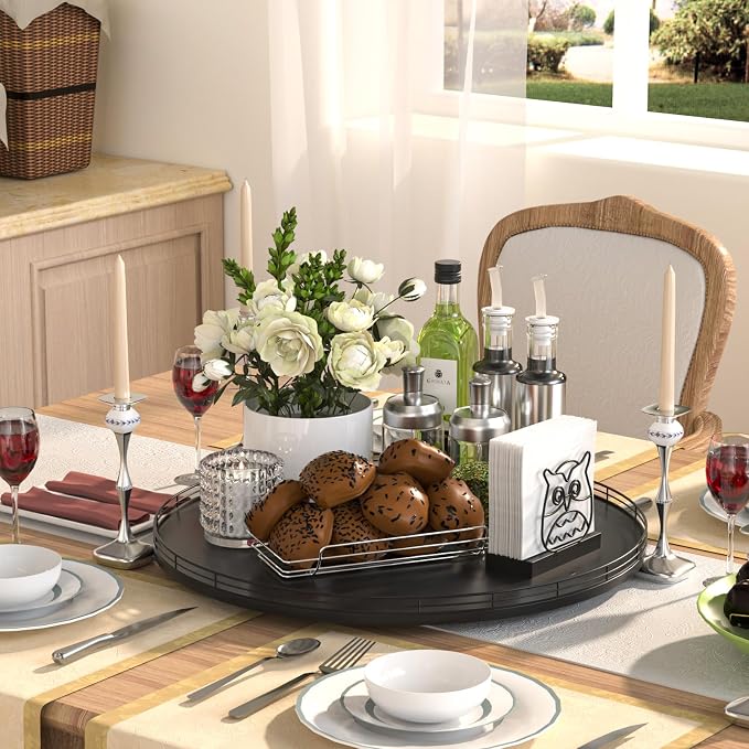 Oroyutor 18-Inch Oak Lazy Susan Organizer with Black Metal Rail | Rotating oak tray organizes spices, toiletries and decor on kitchen counters, bathroom vanities, dining and coffee tables.