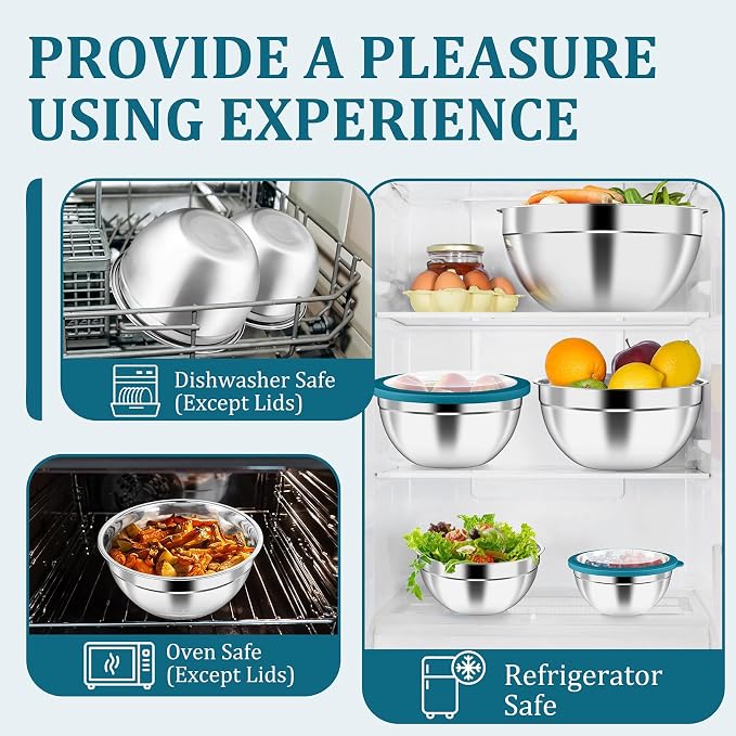 P&P CHEF Metal Mixing Bowls with Lids Set, Visible Airtight Lids & Blue | 5 PCS Stainless Steel Mixing Nesting Bowls for Kitchen Prepping, Storing, Healthy & Easy Clean, Size 4.6, 3, 1.5, 1, 0.7 QT