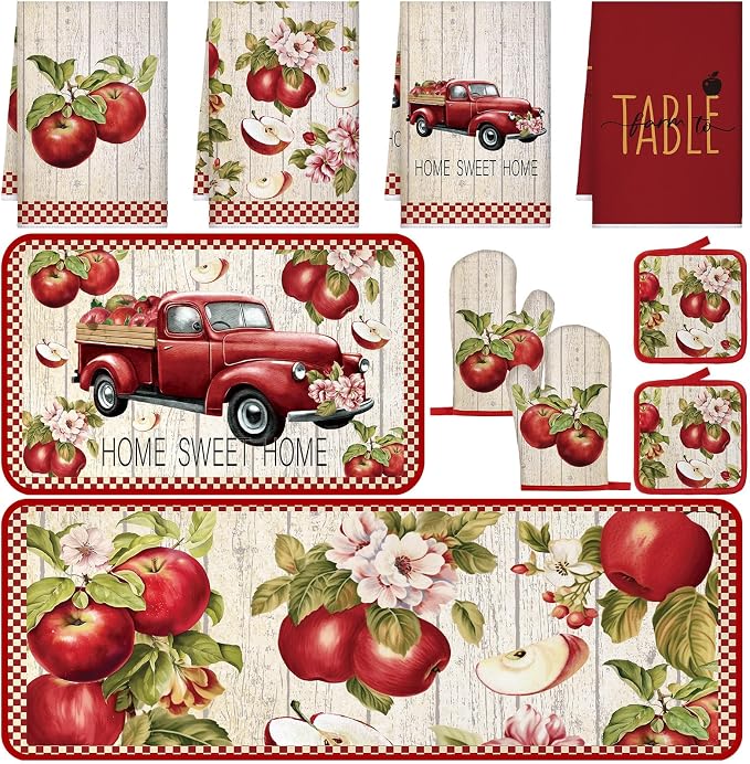 Fourluoo 10 Pcs Apple Farmhouse Kitchen Decor Set Dish Towels Kitchen Rugs Oven Mitts and Pot Holders Set for Cooking Baking Grilling Women Mom Daughter Gift (Fruit Color)