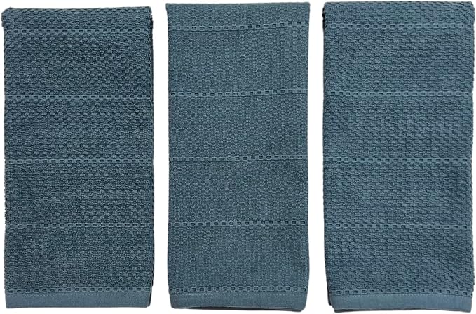 Teal Dark Blue Kitchen Hand Dish Towels, Set of 3, 100% Cotton, 18" x 28" | Terry Loop Textured, Soft & Absorbent Cleaning Cloth, Quick Dry, Multipurpose for Everyday Use