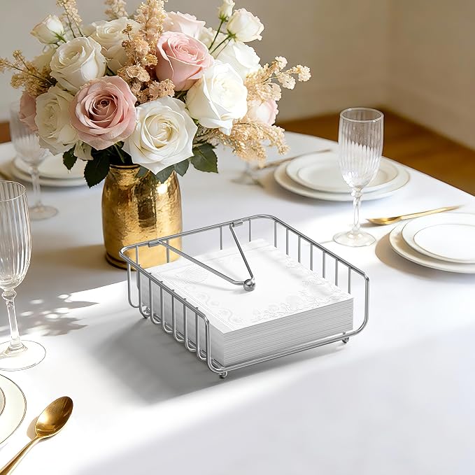 Napkin Holder for Table with Weighted Arm, Dinner Metal Flat Napkin Holders for Paper Napkins, Outdoor Napkin Dispenser Restaurant (Silver)