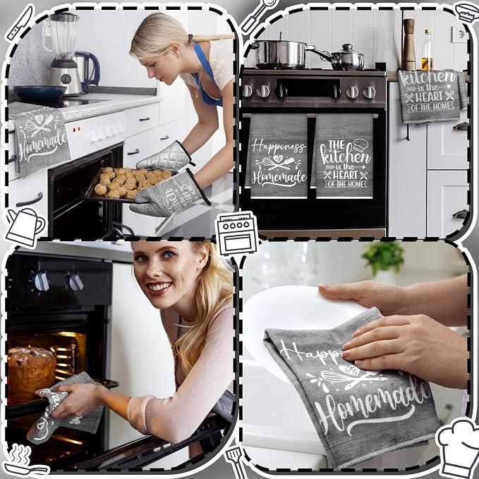 Sratte 6 Pcs Kitchen Decor Accessories Set, Kitchen, Dark Gray Wood | Farmhouse Kitchen Towels Pot Holders Oven Mitts Set 2 Dish Towels 2 Potholders 2 Cooking Mittens for Baking Cooking Supply