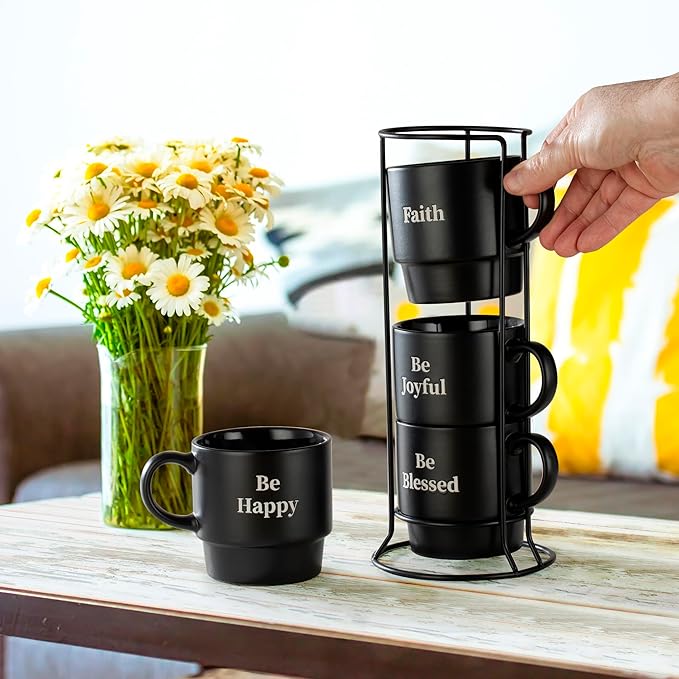Signature Housewares Be Happy Stackable Stoneware Coffee Mug Set with Metal Rack - 15 Ounce Coffee Mugs for Coffee, Tea, Hot Chocolate, Milk, Set of 4, Matte Black (Pack of 4)