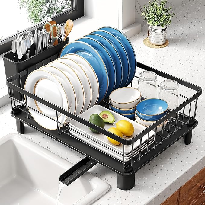 SNTD Dish Drying Rack for Small Kitchen Counter, 12.9" W x 16.9" L, Black | Space Saving, Rotating Spout & Angled Drainboard for Quick Drainage, Stainless Steel, Removable Utensil Holder