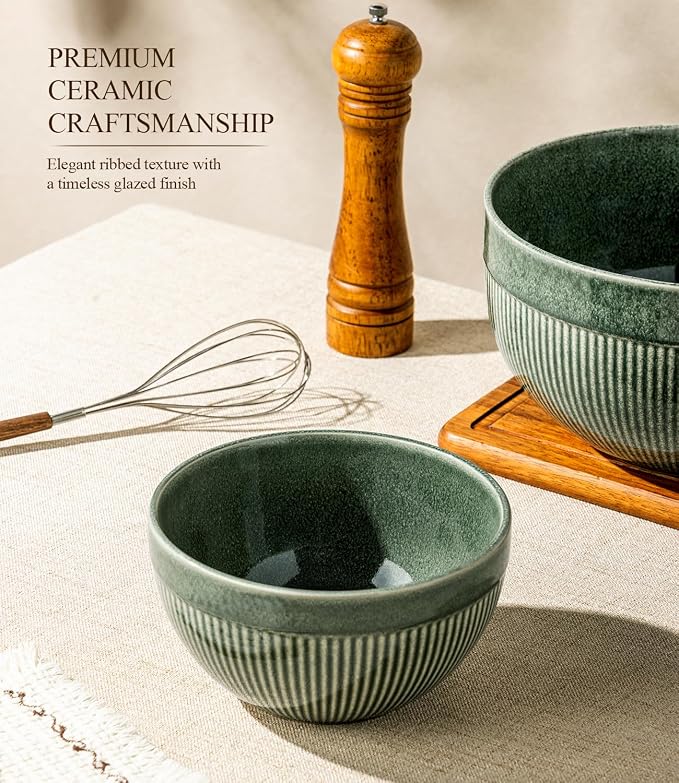 GBhome Ceramic Mixing Bowls Set of 3, Stoneware Nesting Serving Bowls, | 45/90/150 oz For Prep, Baking, Serving, Gift, Microwave and Dishwasher Safe, Ribbed Dishware Collection,Dark Green