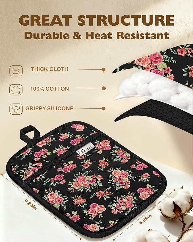 100% Cotton Pot Holders Textured Soft Silicone Grip Pink Rose | Stylish Pot Holders 2pcs, Machine Washable Non-Slip Heat Resistant Hot Pads & Oven Mitts 2-in-1, Practical Kitchen Decor