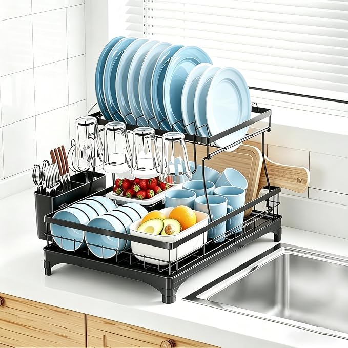 Simple Trending Dish Drying Rack, 2-Tier with Utensil Holder, Black | Stainless Steel Dish Rack for Kitchen Counter, Large Capacity Dish Drainer Organizer, Automatic Drainage, 17"D x 12"W x 15"H
