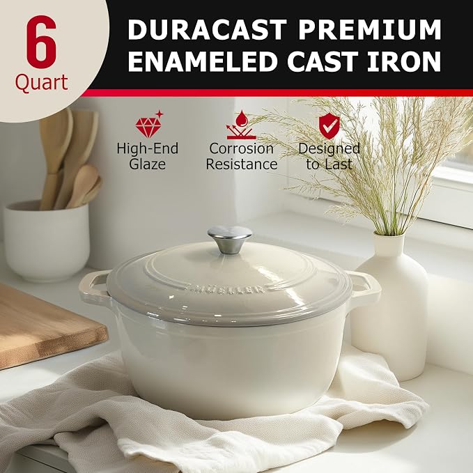 Mueller DuraCast 6QT Enameled Cast Iron Dutch Oven with Lid, Heavy-Duty | Casserole & Braiser Pan, Sourdough Bread Baking, PFOA-Free, 500°F Oven Safe, All Cooktops incl. Induction, White