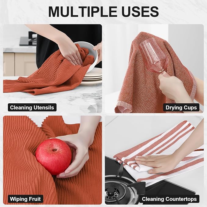 Homaxy Cotton 380 GSM Premium Kitchen Towels, 18"x 28", 6 Pack, Rust | Soft and Absorbent Terry Dish Towels, Multipurpose Tea Towel Set with Hanging Loop, 3 Styles Kitchen Hand Towels