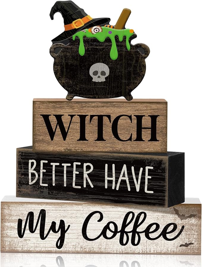 Lineshading 4 Pcs Halloween Witch Wooden Block Signs Farmhouse Tabletop | Rustic Tiered Tray Decor with Cauldron Topper, Coffee Bar Signs for Kitchen Counter, Farmhouse Home Halloween Decorations