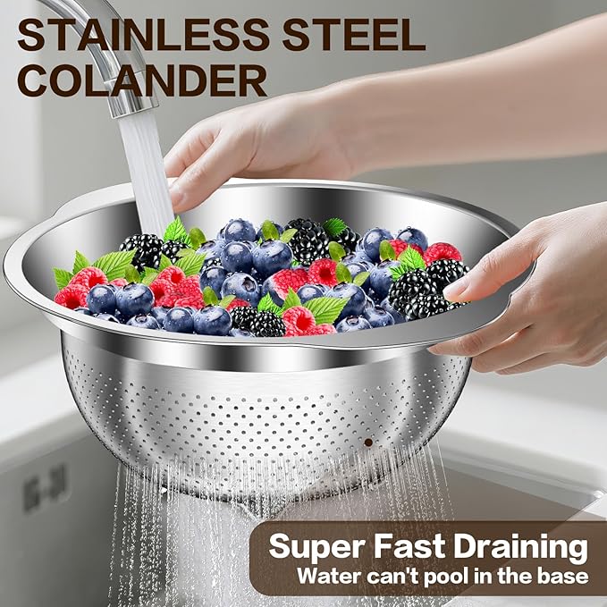 Large Strainers and Colanders, Big Stainless Steel Colanders for Kitchen, Stainless Steel Strainer Set of 3 (7 QT, 6 QT, 5 QT) for Draing Pasta Spaghetti Fruit Vegetable