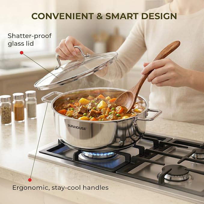 SUNHOUSE 9.3 QT Stainless Steel Steamer Pot for Cooking with Glass Lid | 5.5 QT Steamer Basket & 3.8 QT Stockpot - 2-Tier Large Vegetable Steamer Food with Stay-Cool Handles - Tri-ply Induction Base
