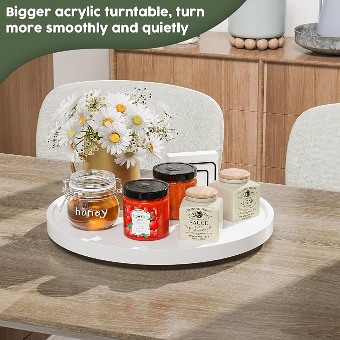 White Lazy Susan, 13.2 Inch Non-Skid Bamboo Turntable | Kitchen Table Cabinets and Closets, Wood Organizer for Kitchen Countertop
