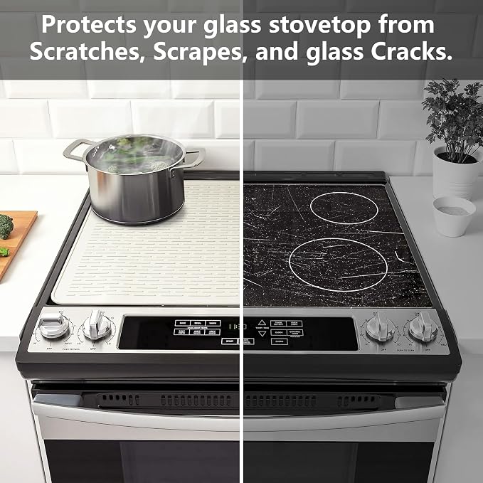 YUHFERA Stove Top Cover for Electric Stove - Silicone Stove Mat for Glass Top, Glass Cooktop Protector, XL Dish Drying Mats for Kitchen,Oven Covers for Electric Stove (Beige,30 x 21)
