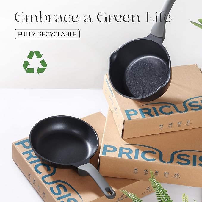 PRICUSIS Nonstick Saucepan with Lid, 2 Quart Non Toxic Pot with Pour Spouts, Full Coated, 100% Dishwasher Safe, Induction Compatible, PFOS & PFOA Free, Black Sesame