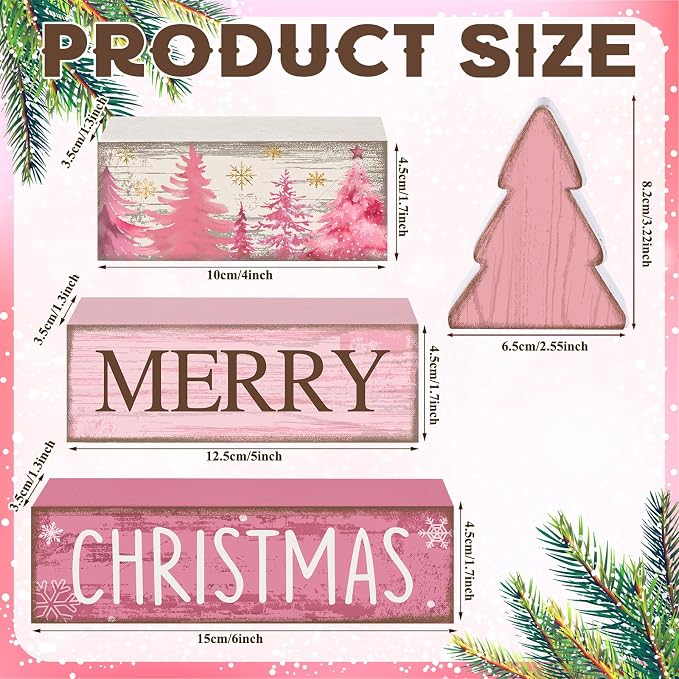 Lineshading 4 Pcs Wooden Merry Christmas Block Signs Pink Farmhouse Decor | Rustic Signs for Tiered Tray, Tabletop Centerpiece, Holiday Theme Display, Tree Shape Topper Included, Gift Ready