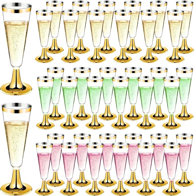GuanQiao 100 Pack Plastic Champagne Flutes with Gold Rim Gold Bottom, 5.5 Oz Clear Disposable Plastic Champagne Glasses, Wine Glasses Cups for Wedding Celebration New Years Eve Party Supplies