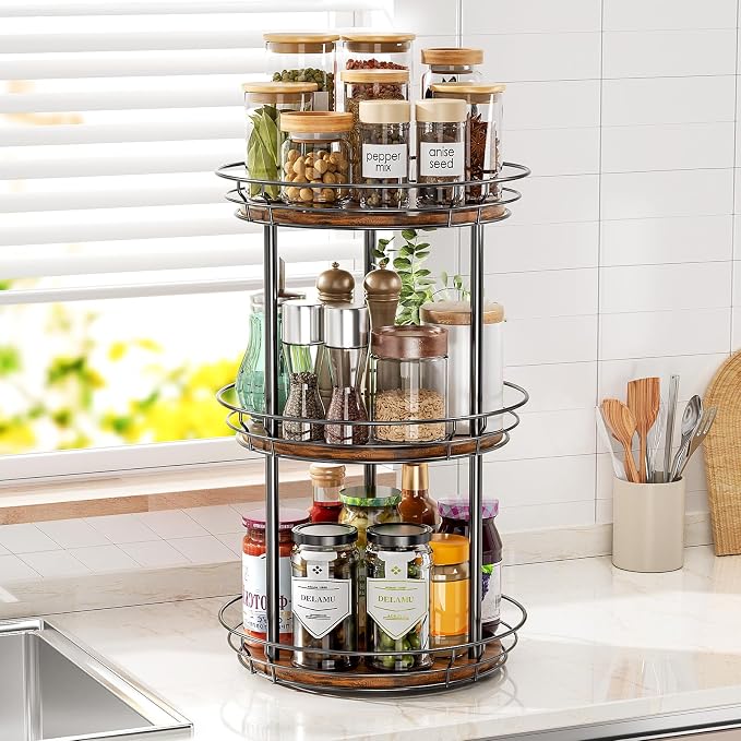 LAMU 12'' Lazy Susan Turntable Organizer, 3 Tier Round Rotating Spice Rack Organization for Kitchen Cabinet and Countertop, Wooden Lazy Susan for Table Top, Pantry, Bathroom, Vanity, Home Decor