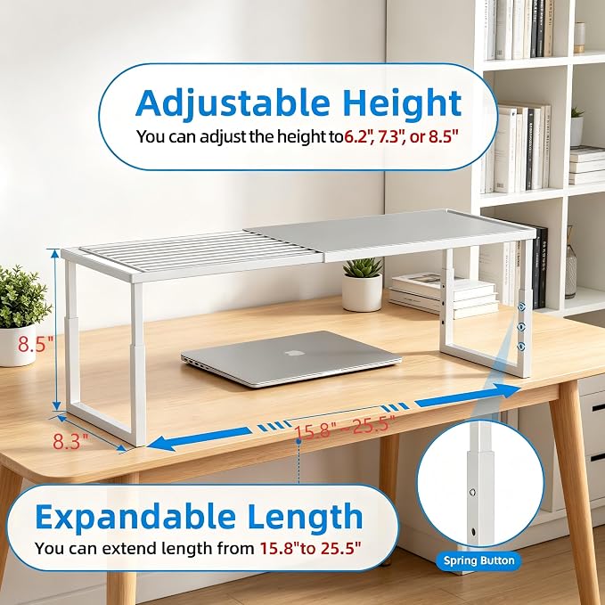 Cabinet Shelves, 2 Pack Stackable Shelves for Kitchen Storage | Expandable & Height Adjustable Cabinet Organizer Shelf | Metal Shelf Organizer | White Spice Rack for Pantry Storage