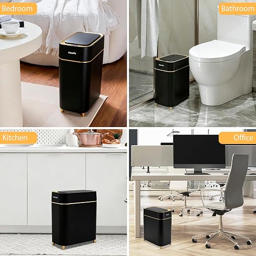 Pukomc Motion Sensor Wastebasket,2.3 Gallon Bathroom Trash can with lid | Touchless Smart Plastic Slim Wastebasket,Quiet Close Waste Bin for Bathroom,Office,RV,Bedroom,Living Room