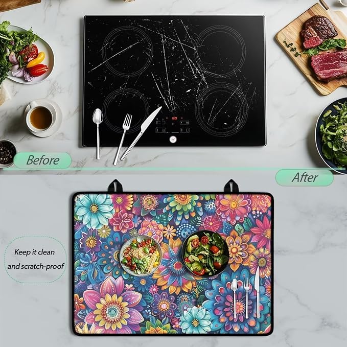 Boho Mandala Lotus Hippie Flower Print Electric Stove Top Cover Thick Induction Cooktop Protector with Lanyards Anti-Slip Coffee Machine Mat for Glass Top Stove, 29.18 x 20.96 inch