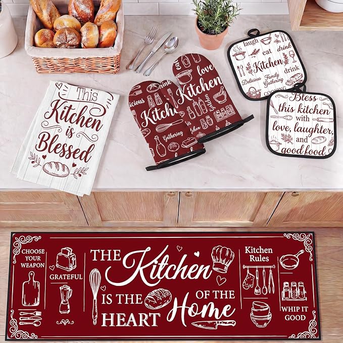 10 Pcs Kitchen Decor and Accessories Set, Retro Farmhouse | Baking Red Burgundy 4 Dish Towels Kitchen Rugs 2 Oven Mitts 2 Pot Holders, Home Decor for Cooking Baking BBQ Housewarming