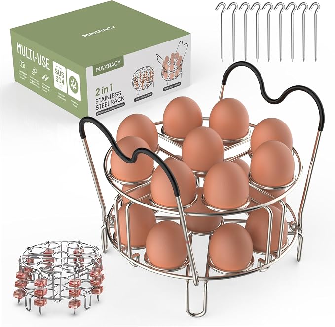 Stackable Egg Steamer Rack Holds 18 Eggs with Handles, Stainless Steel Instant Pot Trivet Fits 6qt/8qt Pressure Cooker, 2-in-1 with Skewers for Grilling