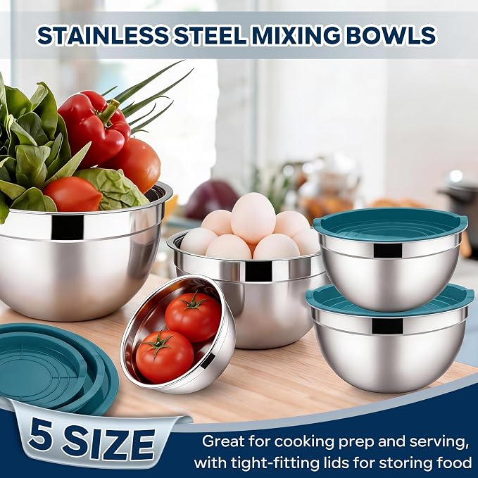 E-far Mixing Bowls with Lids Set, Stainless Steel Cooking Salad Bowls, Blue | 10-Piece Metal Nesting Bowls with Airtight Lid for Kitchen Storage, Baking & Prepping, Dishwasher Safe, 0.7/1.5/2.1/3/4.6 QT