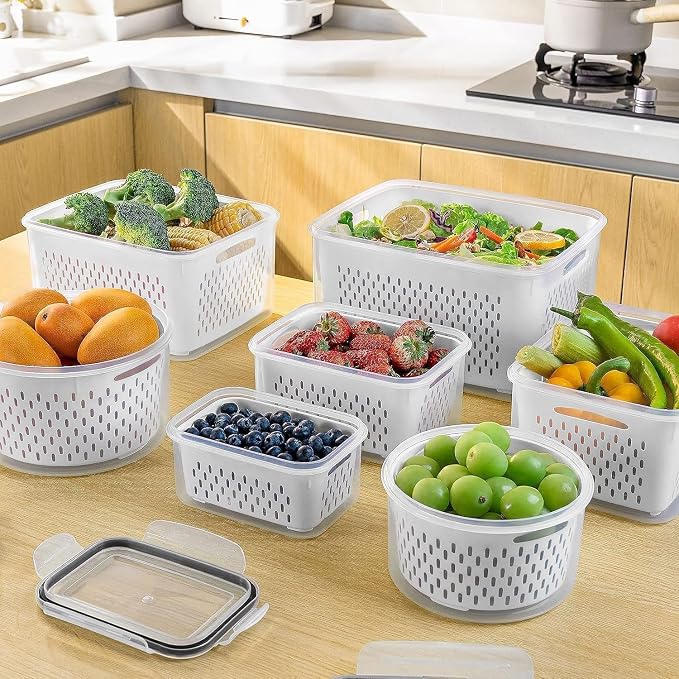 Fruit Storage Containers for Fridge with Removable Colander 10 | Airtight Food Storage Container Dishwasher Safe Produce Saver for Refrigerator Keep Berry Fruit Fresh Longer Large Clear