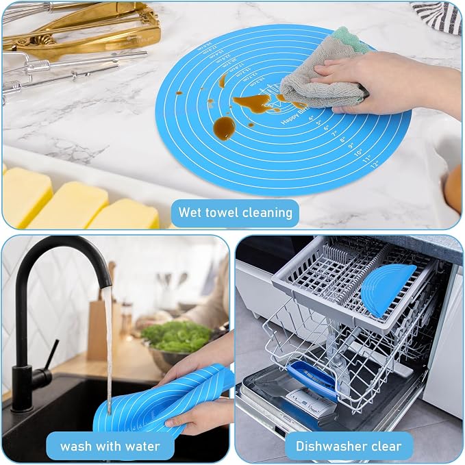 Silicone Baking Mat Cake Mat Round Silicone Baking Mat with Measurements for Cake Turntable Stand Pastry Baking Sheet, Non-Stick and Heat Resistant (Blue)