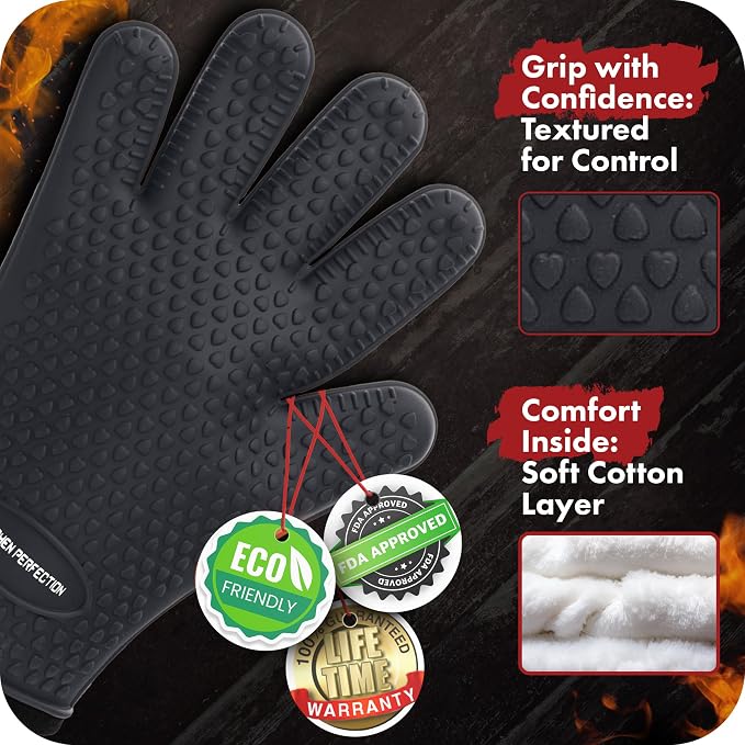 KITCHEN PERFECTION XL Silicone Smoker BBQ Gloves -Heat Resistant Oven Mitts | Waterproof, 5-Finger Design For A Better Grip, for Pitmasters, Meat Smoking, Grilling, Cooking, Frying Turkey | Grill Gift