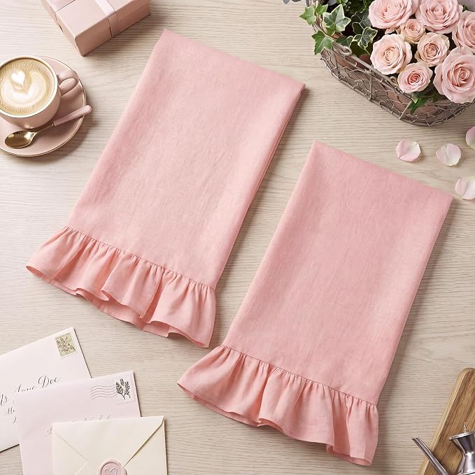 HunnmingRe Light Pink Kitchen Towels Set of 2, 100% Cotton Retro Ruffled Dish Towels 18"x28" Absorbent Tea Cloths for Farmhouse Charm, Drying Dishes, Entertaining Guests