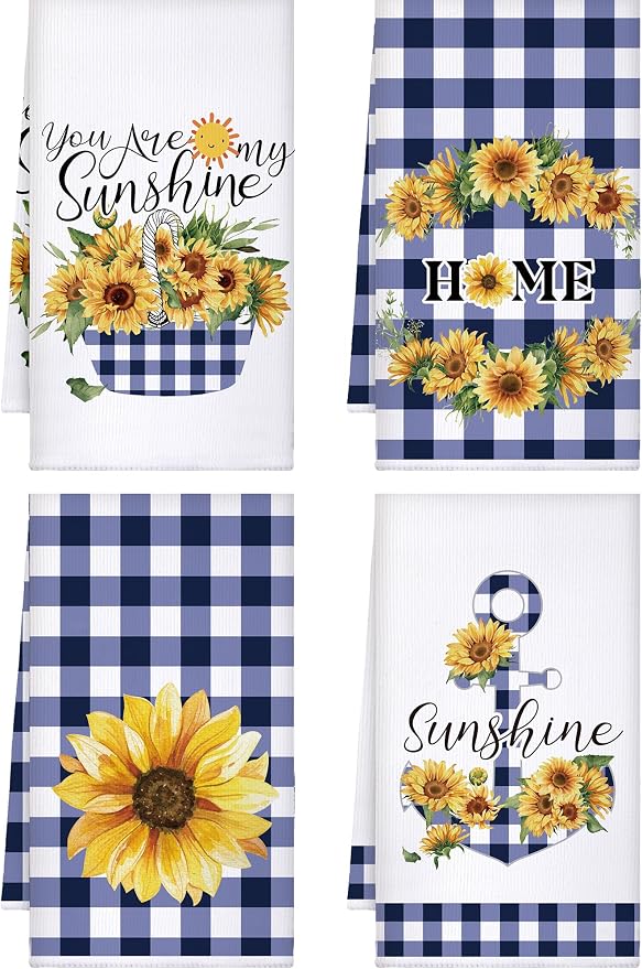 4 Pcs Sunflower Kitchen Towels Set, Hand Tea Towels Gifts | Absorbent Fast Drying Dish Clothes Floral Blue White Plaid Decor Housewarming Gift for Cooking Bathroom Kitchen Decor