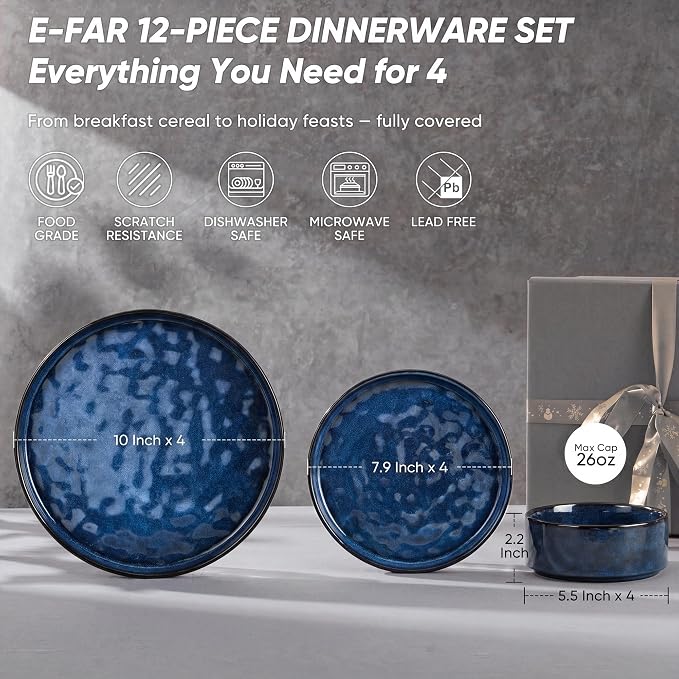 E-far Stoneware Dinnerware Set, 12-Piece Plates and Bowls Sets for 4 | Modern Dishes for Kitchen Dining, Reactive Glazing & Ripple Design, Chip Resistant, Microwave & Dishwasher Safe, Starry Blue