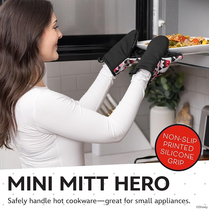 Disney Mickey & Minnie Mini Oven Mitts, 2-Pack, Heat Resistant 450F | Compact 5.5"x7.5" pot holders for kitchen, printed silicone offers non-slip grip, ambidextrous, hand wash or spot clean