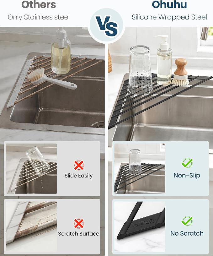 Ohuhu Corner Sink Caddy, Sponge Holder for Kitchen Sink Organizer - Silicone Wrapped Steel Anti Slip Rust Triangle Over the Sink Roll-UP Dish Drying Rack for Sink Corner Kitchen Sink Accessories