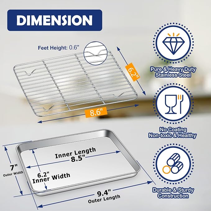 9” Baking Sheet Pan with Rack, Joyfair Stainless Steel Toaster Oven Tray | Bakeware Cookie Pan & Cooling Rack for kitchen bake Jelly Roll/Bacon/Meat, Commercial Metal & Rust-free, Dishwasher Safe