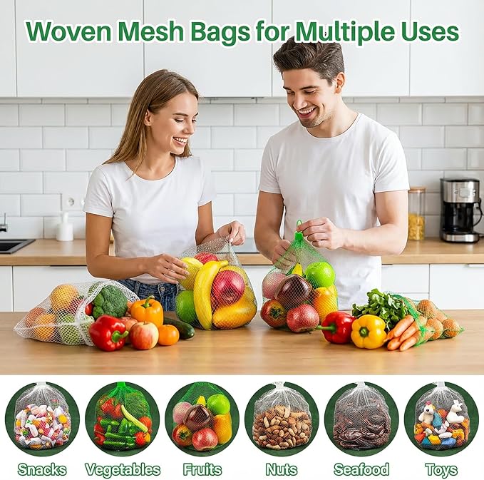 RAINFLOW 50 PCS Mesh Produce Bags - Onion Storage and Seafood Boil Bags | 20-Inch Vegetable Mesh Nets with Loop-Style Closures for Fruits, Potatoes, Seafood and Other Agricultural Products
