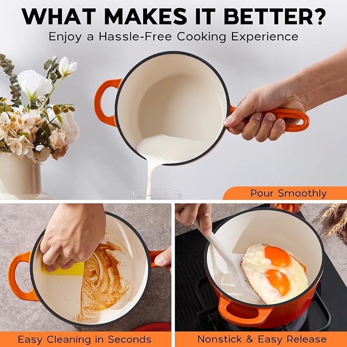 Onader 2 Quart Saucepan with Lid, Enameled Cast Iron Sauce Pan, Small Cooking Sauce Pot, Enamel Dutch Oven Pot Nonstick – Sunset Orange
