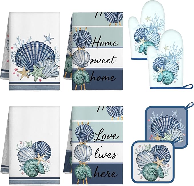 8 Pcs Kitchen Towels Pot Holders and Oven Mitt Set Kitchen Accessories 4 Dish Towels 2 Absorbent Square Potholders 2 Heat Resistant Glove for Cooking Baking Home (Blue(Beach Coastal))