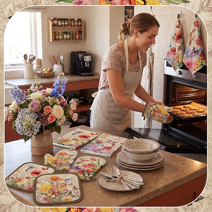 SiliFine 12 Pcs Summer Hummingbird Kitchen Accessories Set Hummingbird Oven Mitts Vintage Floral Flower Pot Holders Butterfly Kitchen Towels for Home Decorations, Cooking Baking Gifts