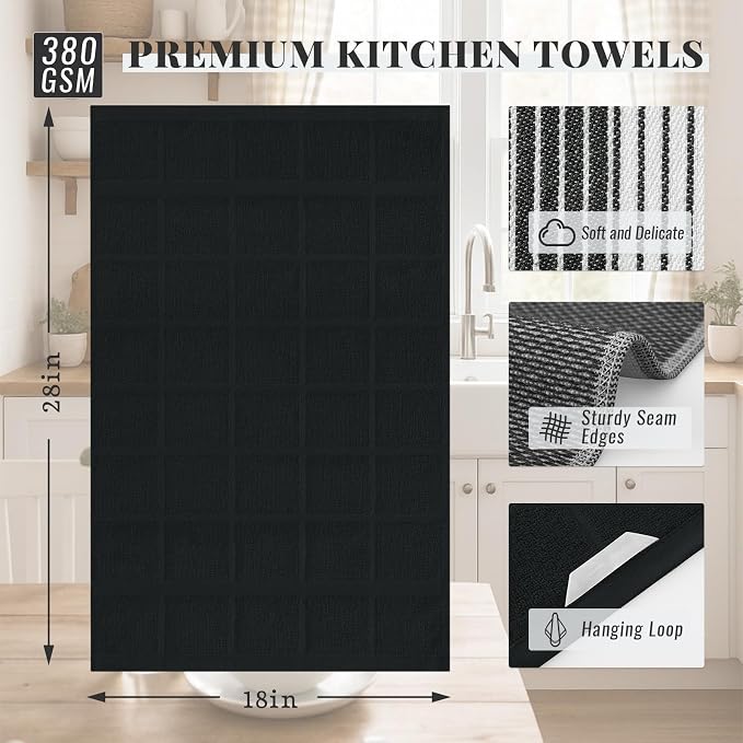 Homaxy 3 Pack Cotton Terry Premium Kitchen Towels, 18 x 28 in, Black | Large 380 GSM Dish Towels, Highly Absorben Flat & Terry Kitchen Hand Towels, Soft Utility Tea Towel Set with Hanging Loop
