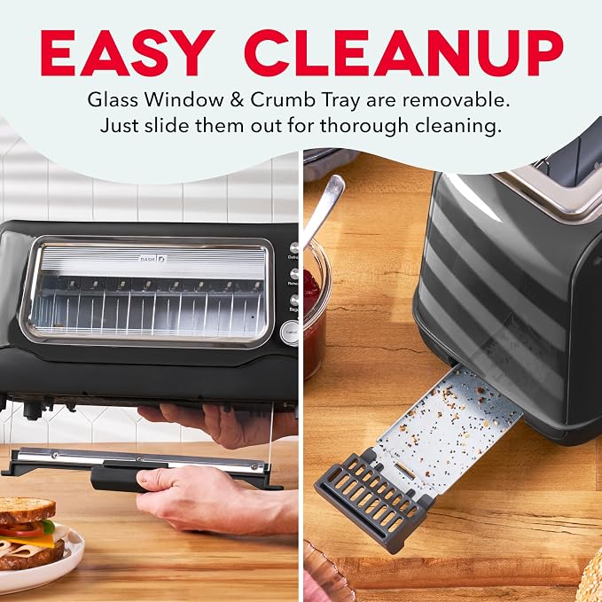 Dash Clear View Toaster | 10" Long Slot 2 Slice Toaster with See-Through Glass Window, 7 Browning Levels, Bagel, Defrost & Reheat Functions, Removable Glass Panel, Crumb Tray, Black